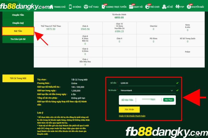 Điền thông tin rút tiền FB88