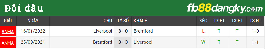 Lịch sử đối đầu Brentford Vs Liverpool