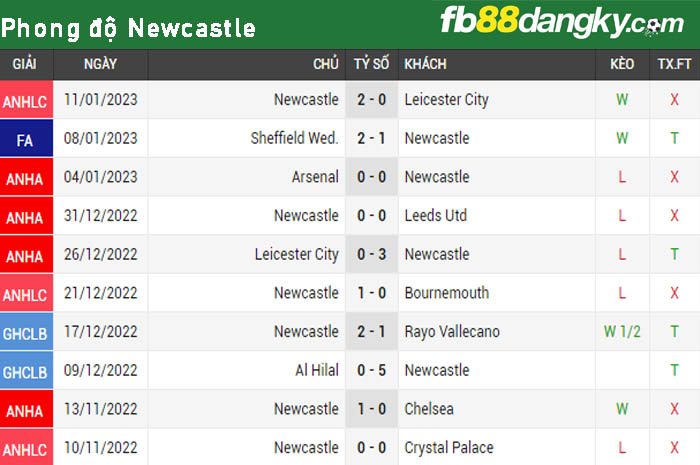 Phong độ thi đấu của Newcastle